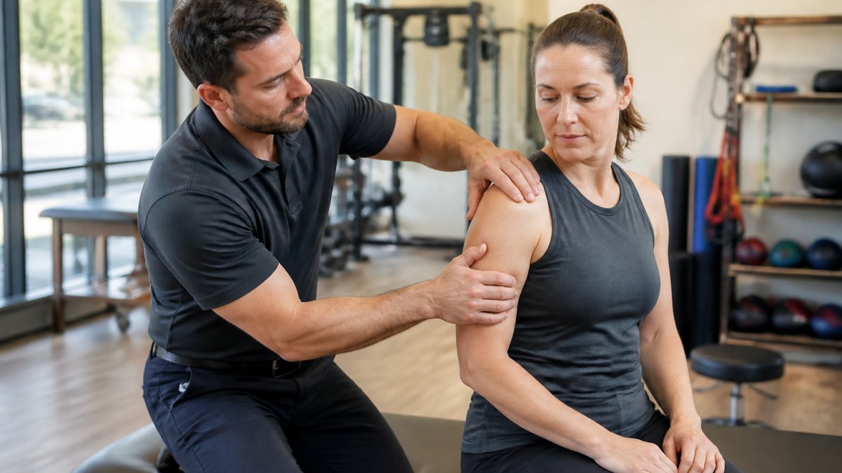 A fellowship-trained physical therapist performing a precise manual therapy technique on a patient's shoulder in a bright, modern clinic, with focused concentration and professional equipment visible