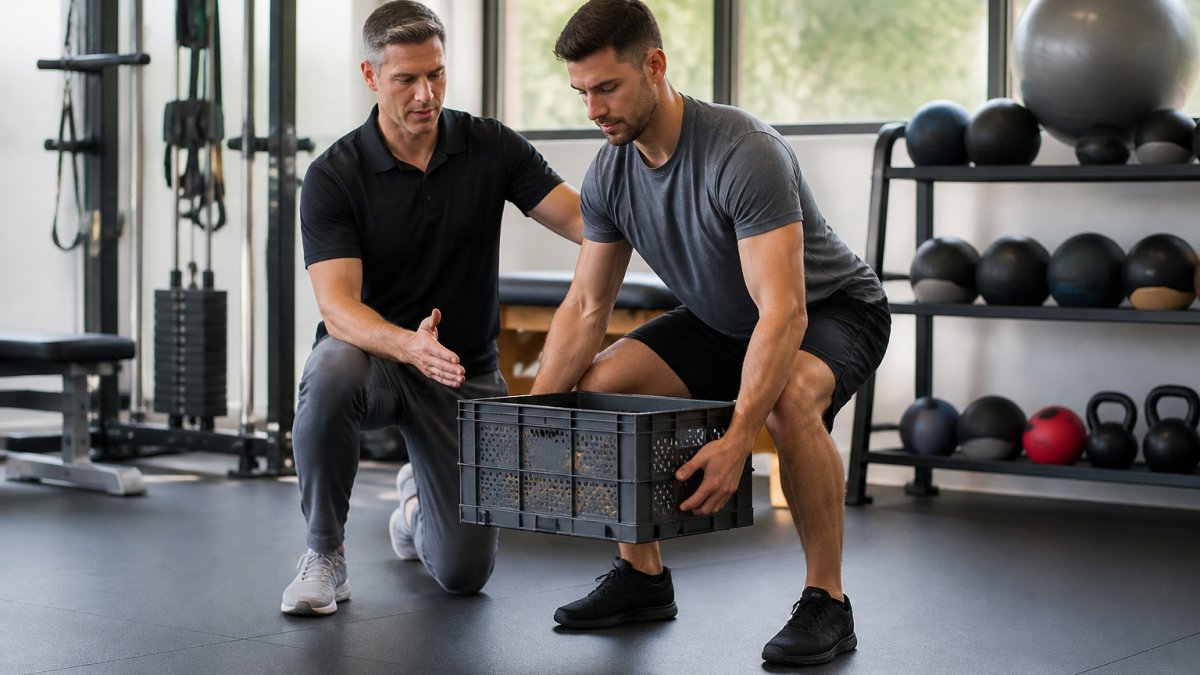 A physical therapist guiding an adult patient through a controlled lifting drill with a light crate in a bright clinic gym, both wearing casual workout clothes, focused and encouraging body language