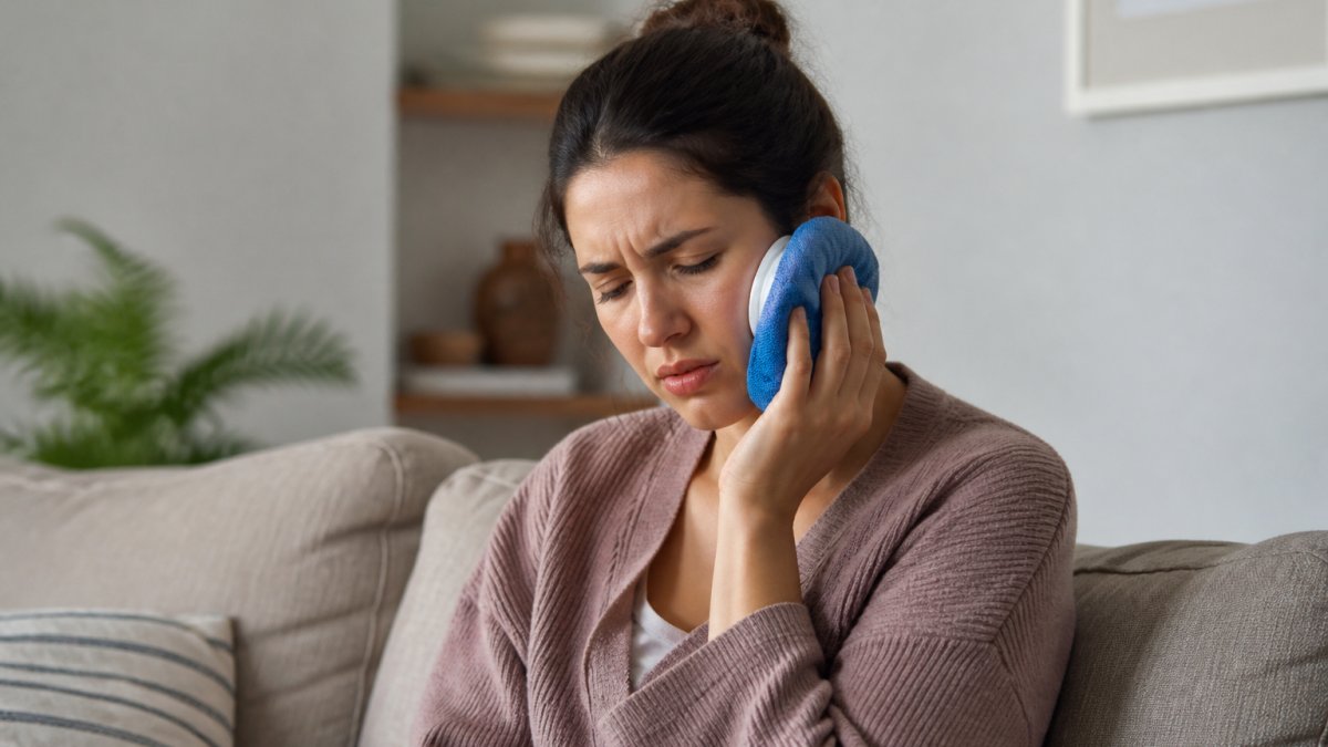 A person holding a cold compress wrapped in a cloth against their jaw while sitting comfortably on a couch at home