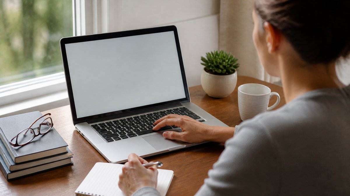 A person sitting at a home desk with a laptop open to a state licensing board search page, notepad and pen nearby, natural window light