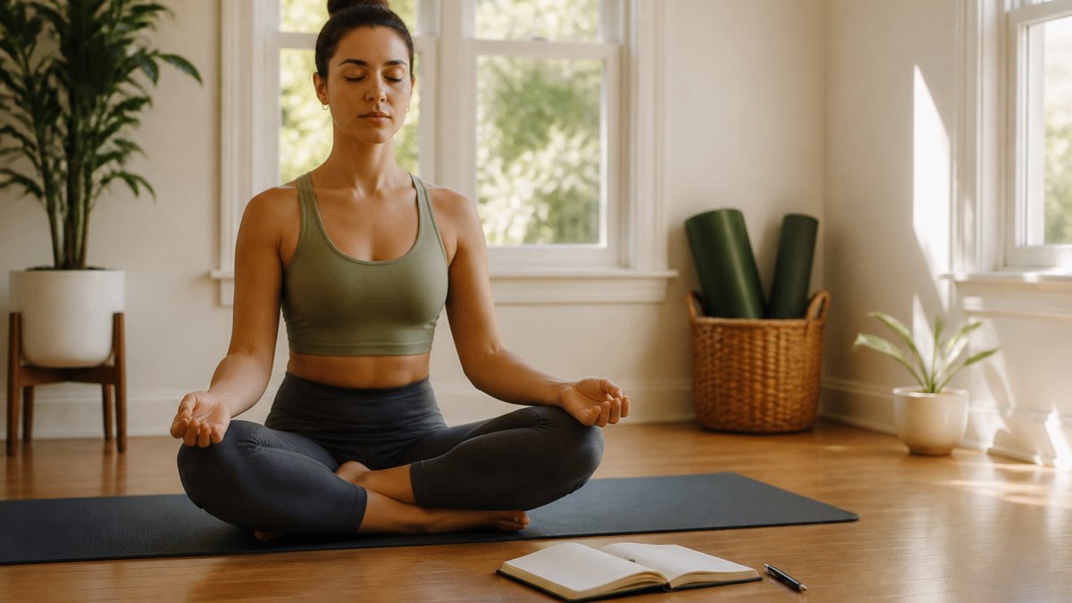 A person sitting calmly on a yoga mat in a sunlit room, eyes closed and hands resting on knees, practicing deep breathing exercises with a journal and pen nearby on the floor