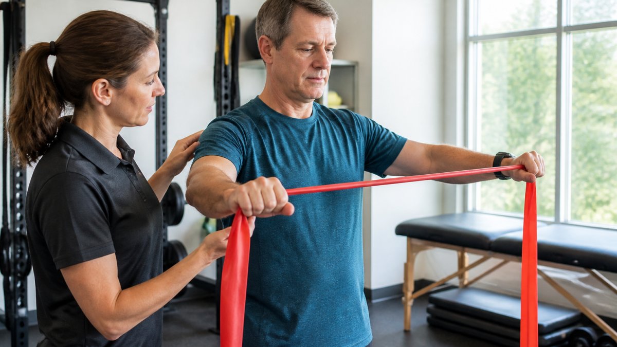 A physical therapist guiding an active adult through a resistance band exercise in a bright clinic gym, both focused on proper form, natural window light