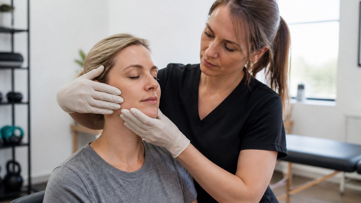A physical therapist in a bright clinic gently placing gloved hands along a seated patient's jaw and temple to perform manual therapy, patient relaxed with eyes closed, professional medical setting