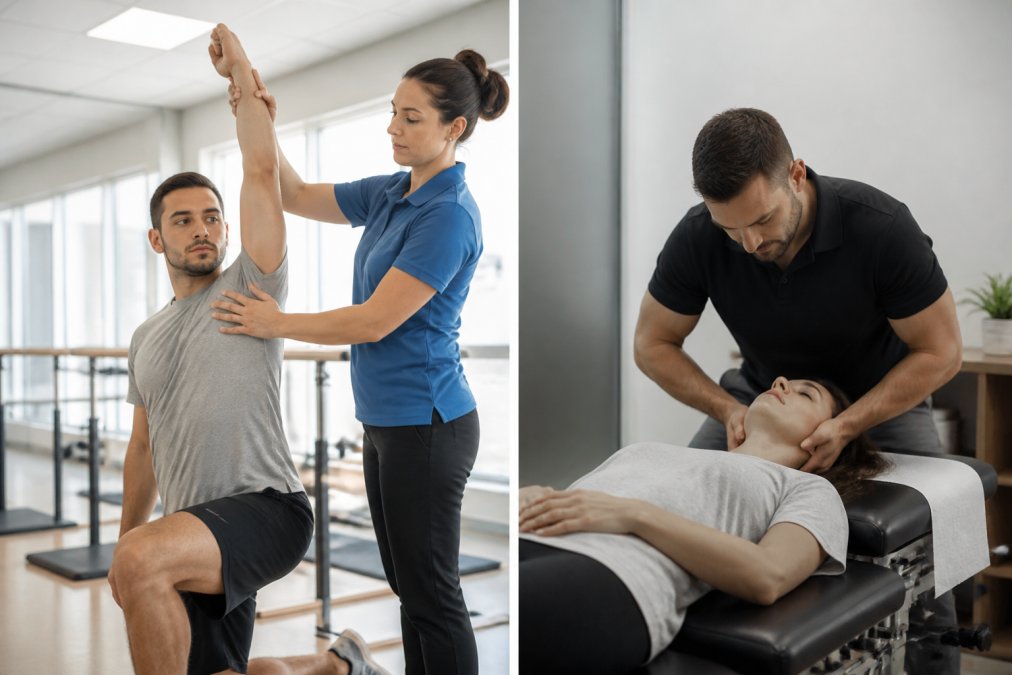Physical therapist guiding a patient through shoulder exercises to show physical therapy vs chiropractic care